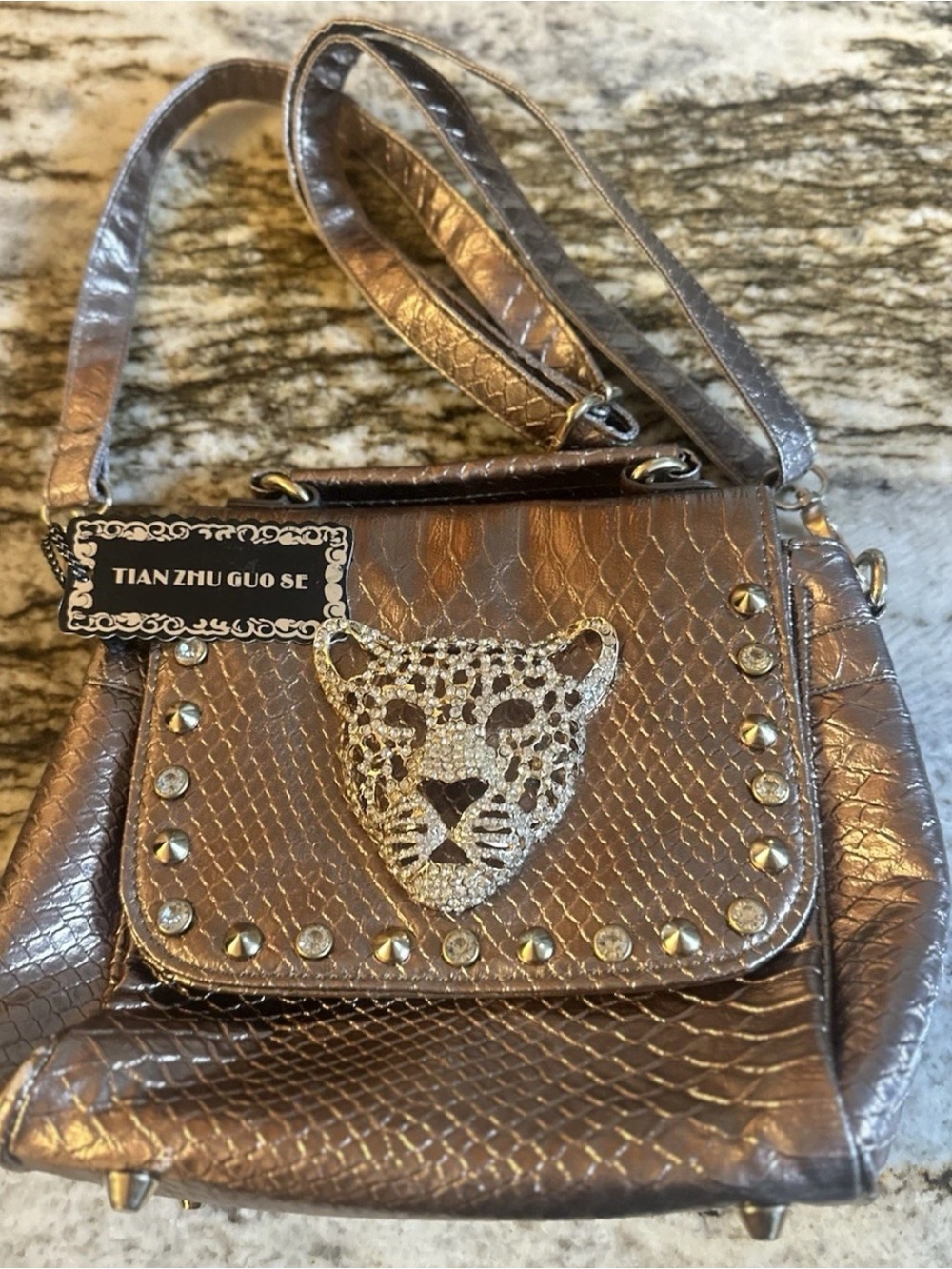 Tian Zhu Guo Se Bronze Snake Print Crossbody Bag Rhinestone Leopard Studs